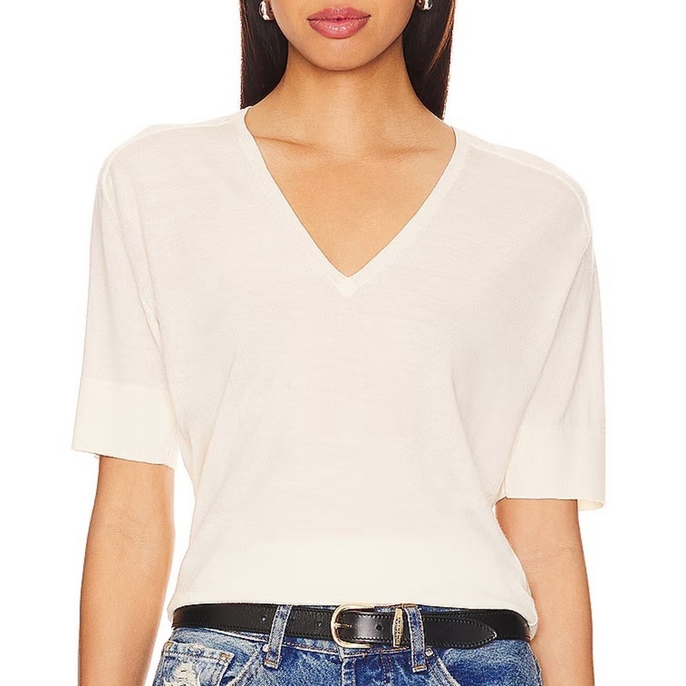 Anine Bing Aria Wool Cashmere V Neck Knit Short Sleeve Sweater Top Ivory Cream